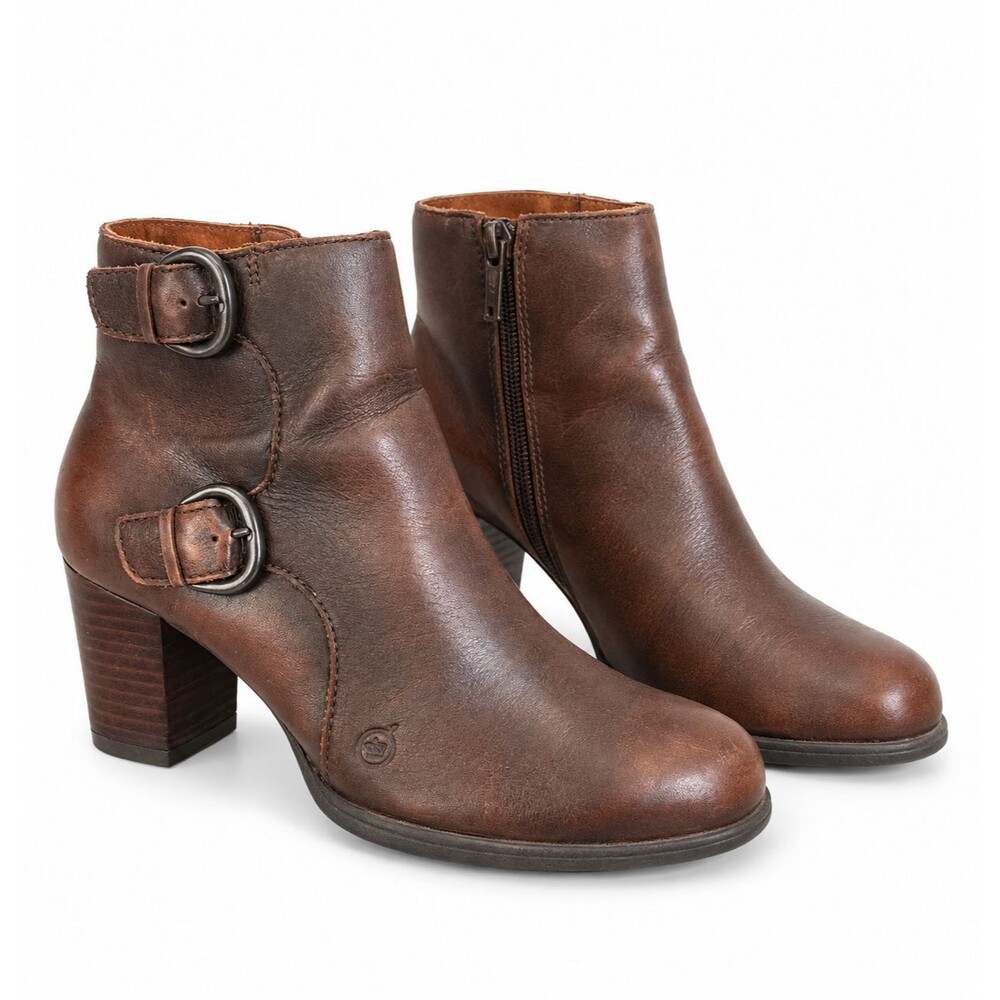 Born Brown Leather Ankle Boots Women 8 Buckle Block Heel Moto Boho Fall